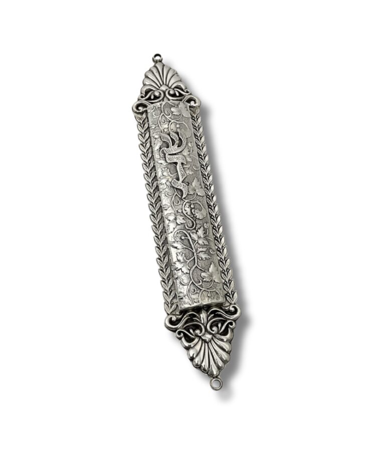925 Silver Shaddai Mezuzah with intricate vine detailing and prominent Shin letter embossed in center