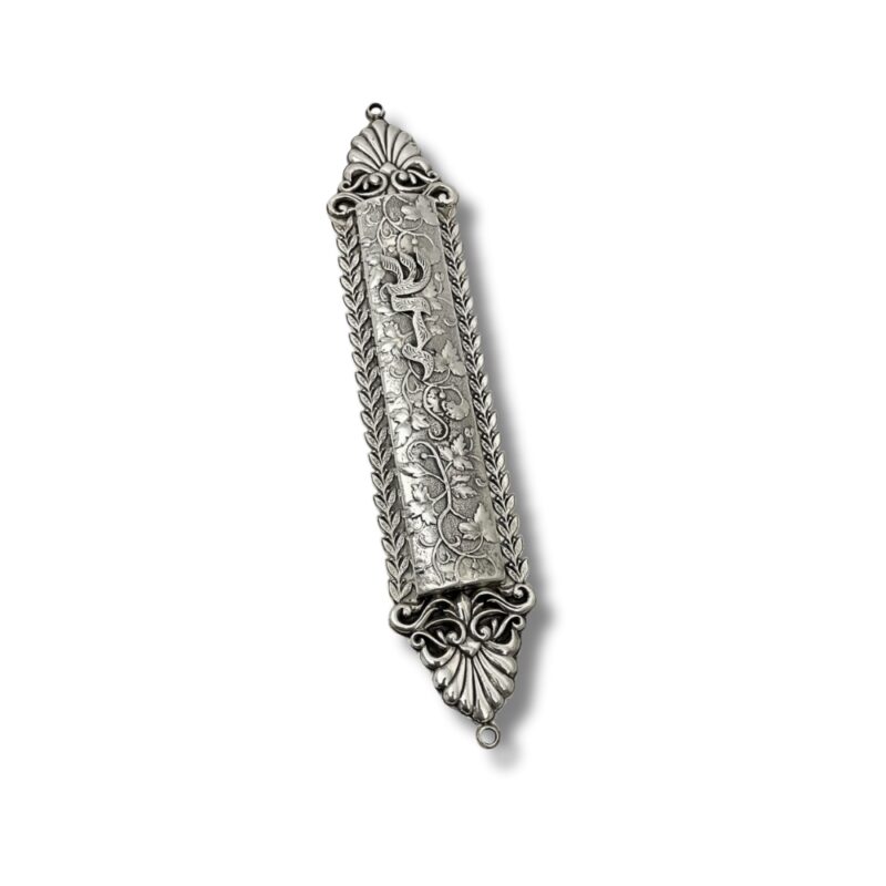 925 Silver Shaddai Mezuzah with intricate vine detailing and prominent Shin letter embossed in center