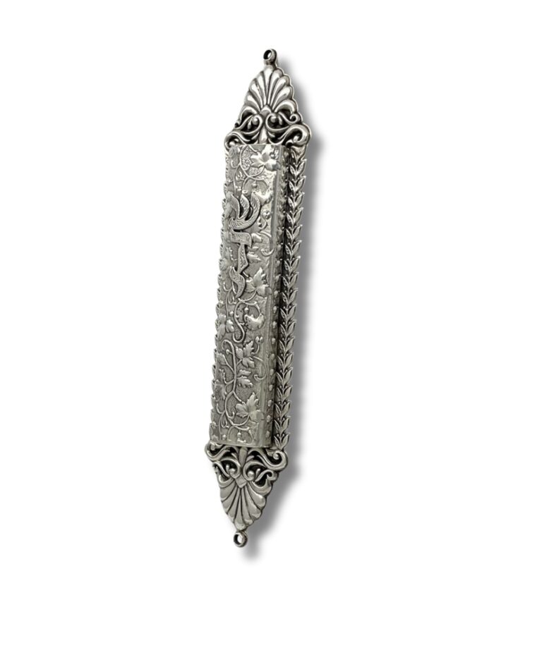 Front-facing sterling silver mezuzah case with Shaddai inscription and decorative top and bottom caps