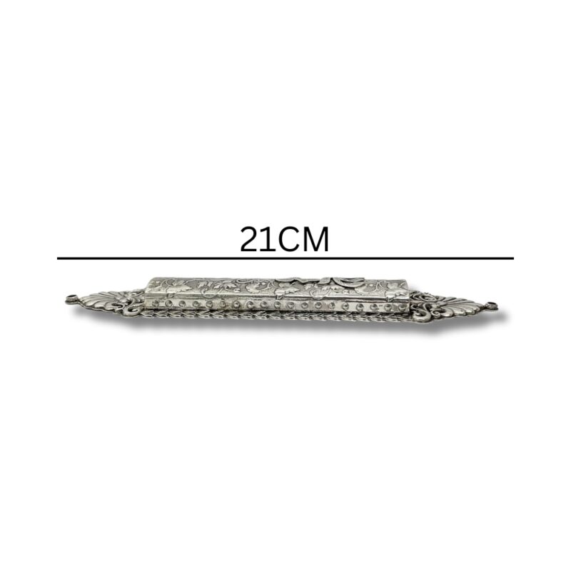 21cm 925 Sterling Silver Shaddai Mezuzah Case shown flat with engraved floral design