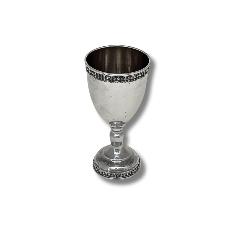Front view of silver Kiddush goblet with handcrafted filigree border on top and base