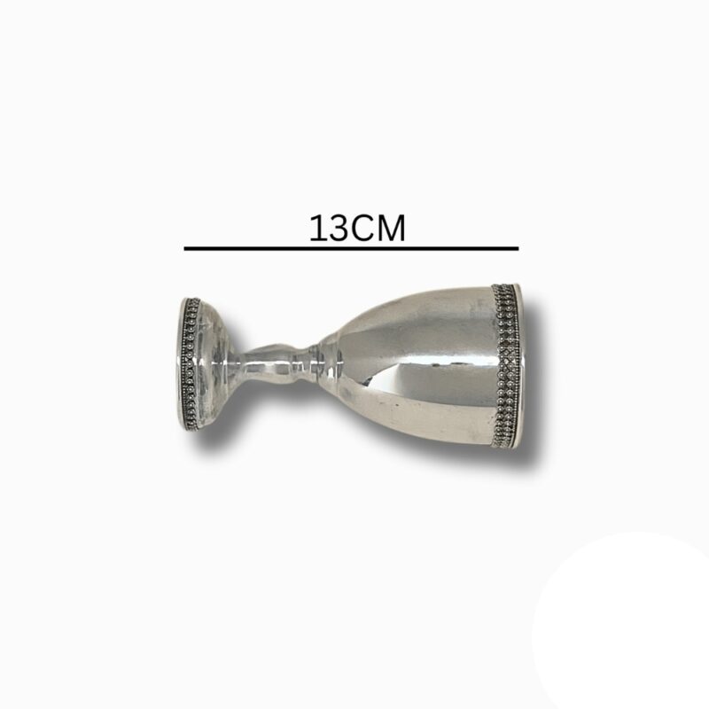 Sterling silver Kiddush Cup lying flat with 13cm height measurement shown above
