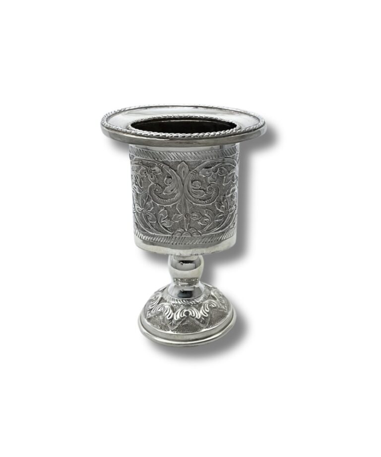 Front view of the Sterling Silver Havdalah Candle Holder standing upright, displaying symmetrical floral patterns on both the cup and pedestal, crafted in traditional Judaica style.