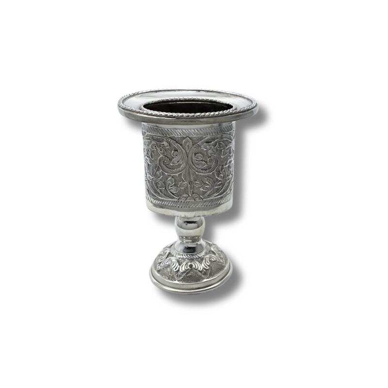 Front view of the Sterling Silver Havdalah Candle Holder standing upright, displaying symmetrical floral patterns on both the cup and pedestal, crafted in traditional Judaica style.