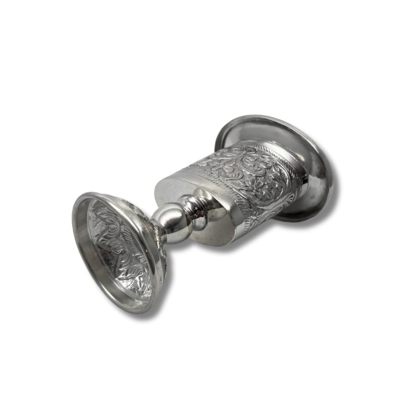 Angled perspective of the handcrafted 925 Silver Havdalah Candle Holder, highlighting the polished finish, rounded base, and the ornate floral engravings flowing throughout the midsection.