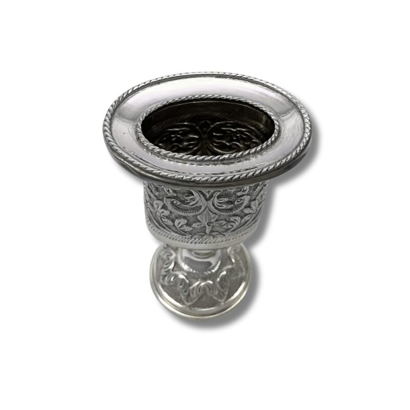 Top-down view of the Silver Havdalah Candle Holder, focusing on the inner floral engraving inside the bowl and the wide silver rim with twisted rope detailing around the edge.