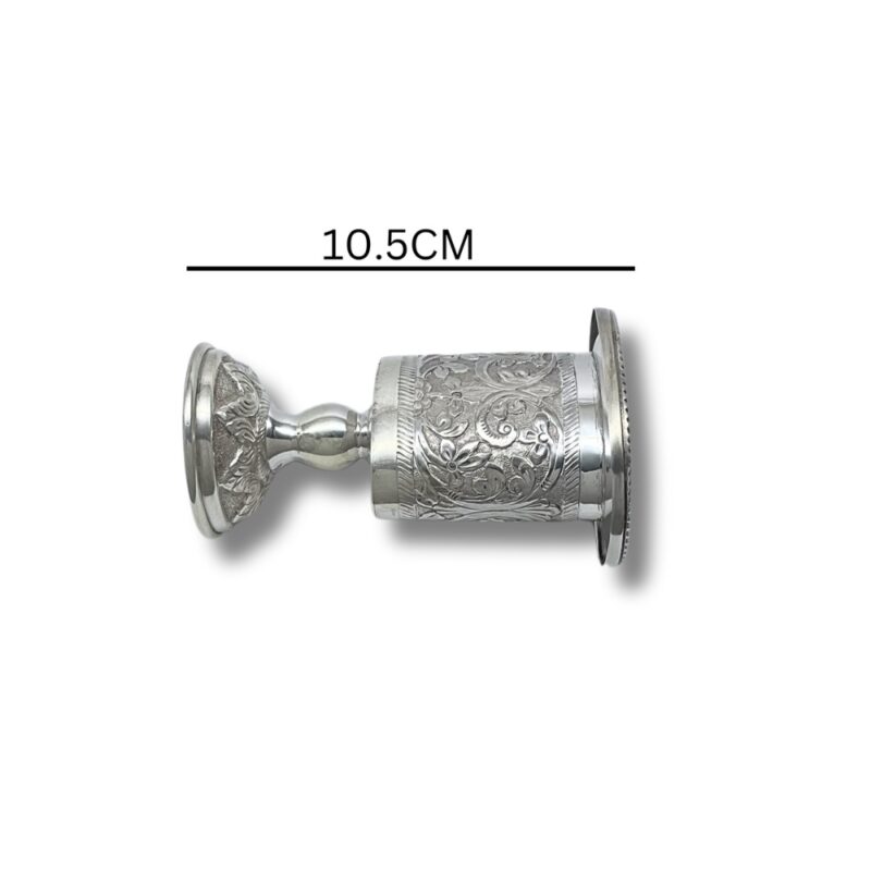 Side profile of a 925 Sterling Silver Havdalah Candle Holder with detailed floral engravings on both the base and body, shown with a 10.5 cm width measurement for size reference.