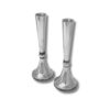 Front view of two large sterling silver candlesticks with filigree design, standing upright