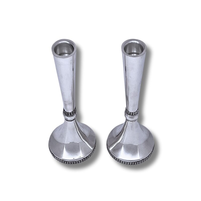 Pair of large 925 silver candlesticks shown from above, featuring elegant filigree rings