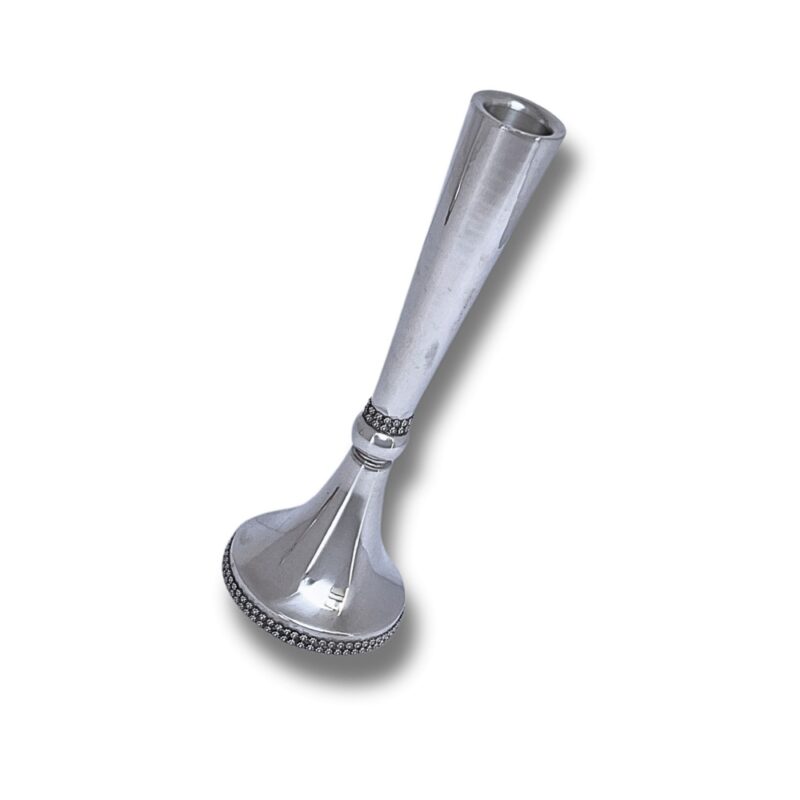 Single large sterling silver candlestick with filigree band and smooth finish