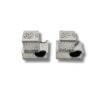 Straight front view of silver tefillin cases with open tops, curved side openings, Hebrew inscriptions, and traditional Jerusalem stone pattern