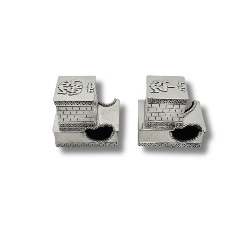 Straight front view of silver tefillin cases with open tops, curved side openings, Hebrew inscriptions, and traditional Jerusalem stone pattern