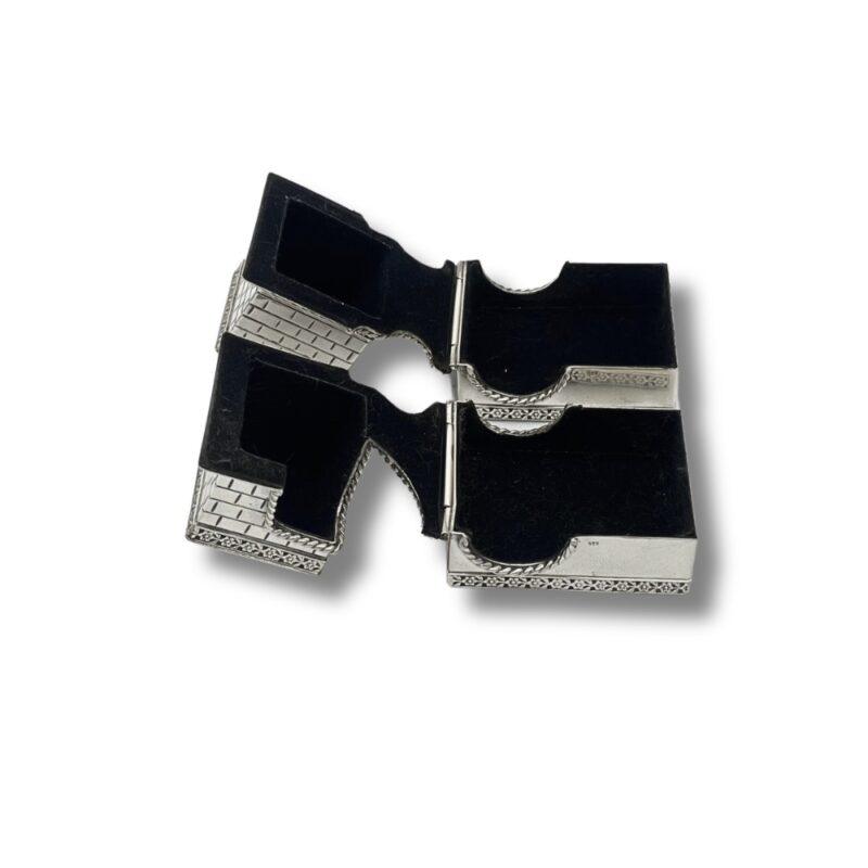 Top view of opened 925 Silver Tefillin Boxes with black velvet interior, curved cutouts, and engraved borders on each side
