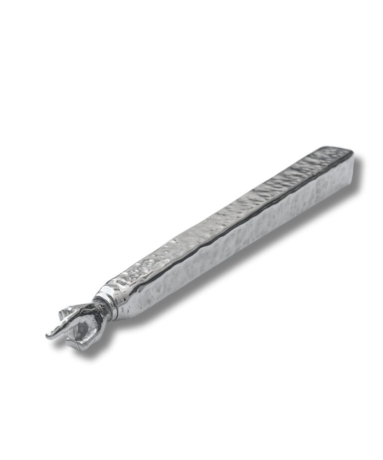 Perspective image of handcrafted silver Torah pointer with hammered texture and sculpted hand tip