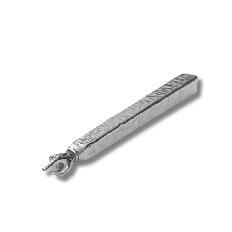 Perspective image of handcrafted silver Torah pointer with hammered texture and sculpted hand tip