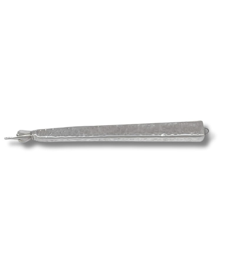 Side view of full 925 Sterling Silver Torah Yad with hammered finish and straight edge