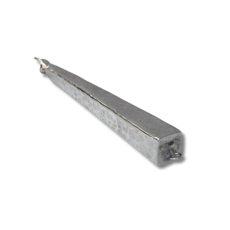 Angled view of hammered silver Torah pointer showing square base and attachment loop