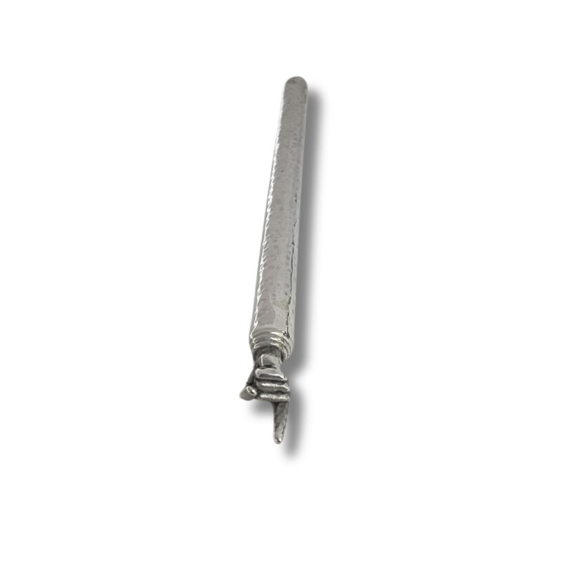 925 Sterling Silver Yad Torah Pointer photographed from a direct top view, showing full hammered body and hand